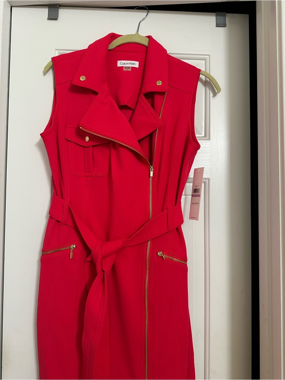 New Calvin Klein Sleeveless Pink Belted Moto Dress Sz.6